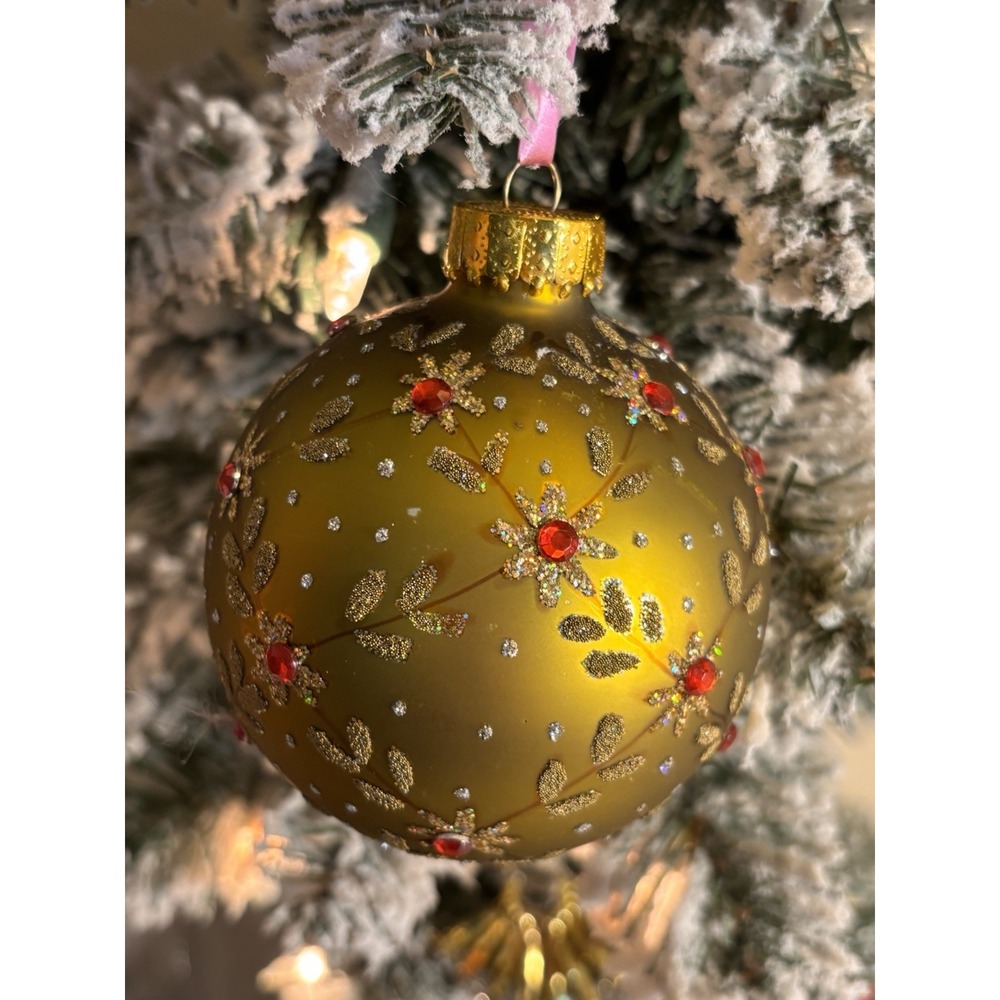 Vintage Glass Hand Painted Ornament With Gold Tone Top